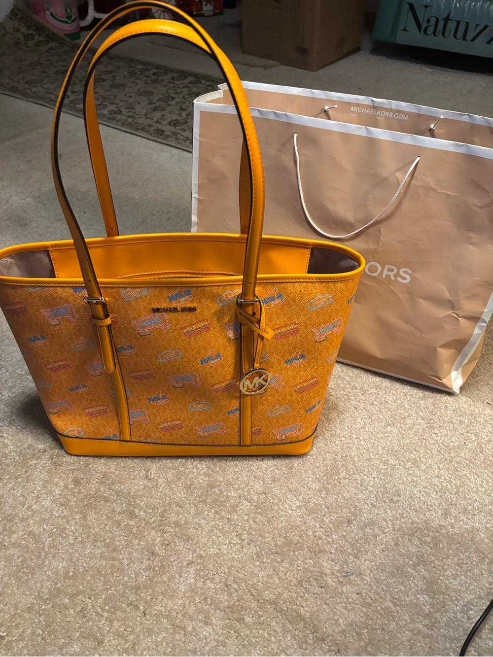 Michael Kors Yellow Signature Tote with MK Charm and Multicolor Accents